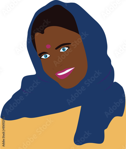 Woman smilling with dark hair and in a scarf Vector illustration Indian Female portrait Diversity People Human Eps file 