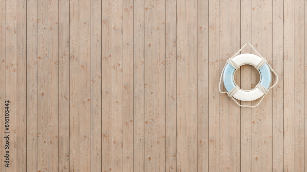 Blue lifebuoy with ropes hangs from a wooden slat wall Blue lifebuoy with ropes hangs from a wooden slat wall