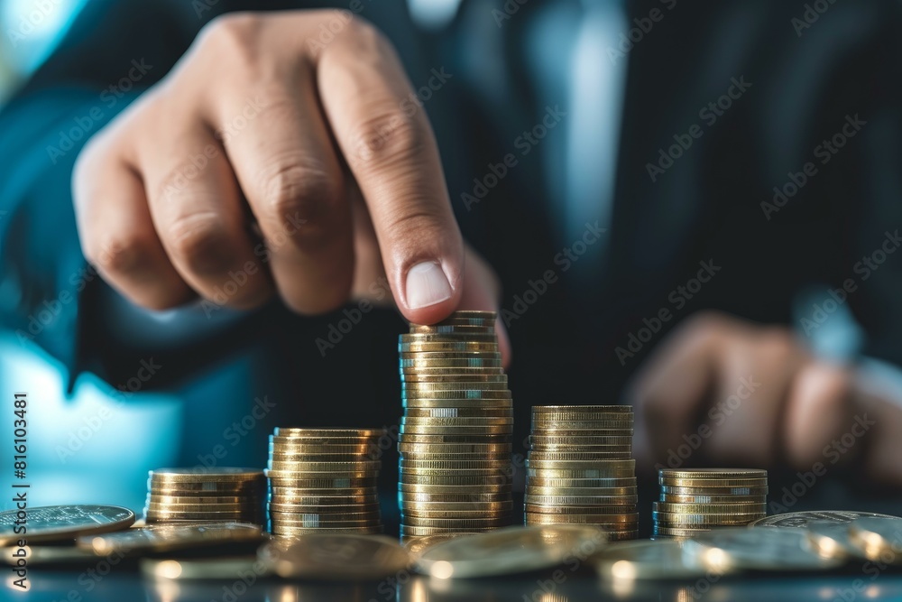 Close-up of a professional's hands meticulously stacking coins, symbolizing financial growth or savings Close-up of a professional's hands meticulously stacking coins, symbolizing financial growth or savings