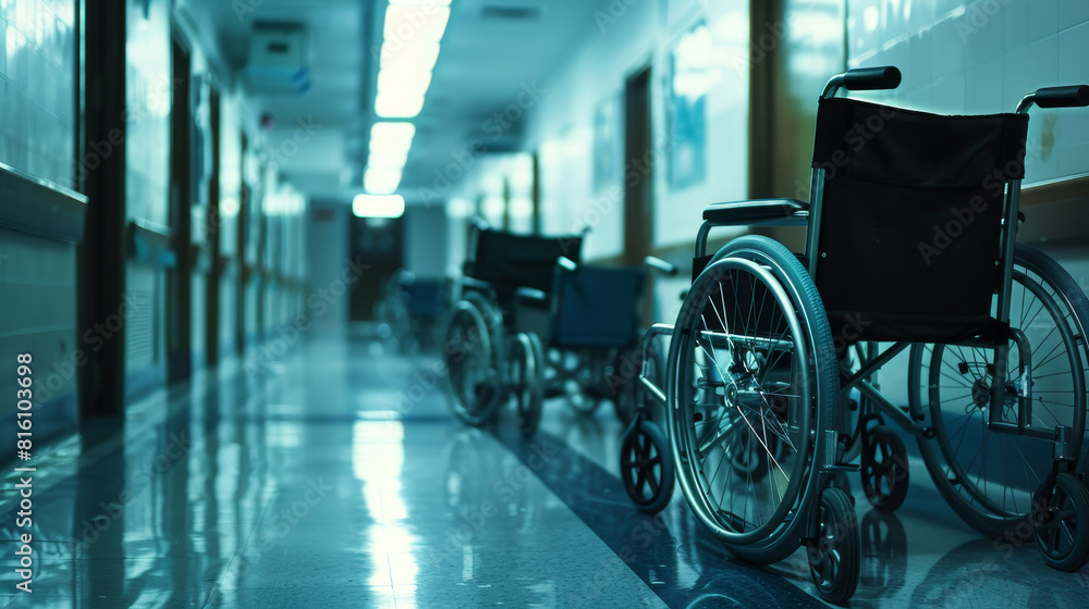 A row of wheelchairs are lined up in a hallway A row of wheelchairs are lined up in a hallway