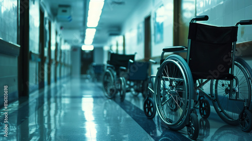 A row of wheelchairs are lined up in a hallway