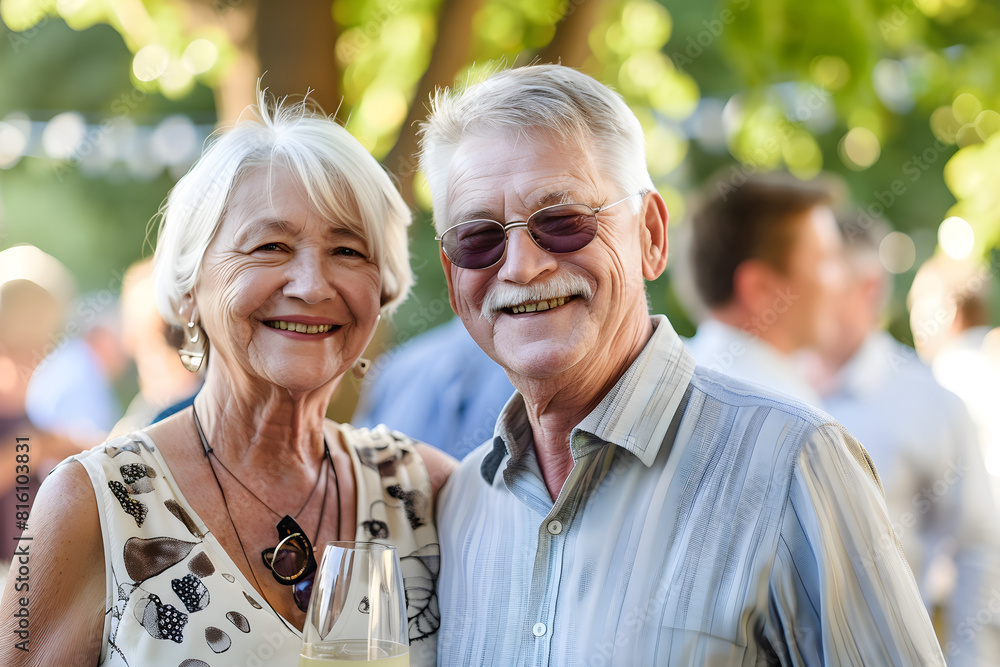 A happy senior couple enjoying a family gathering outdoors, smiling and celebrating the joy of togetherness.
