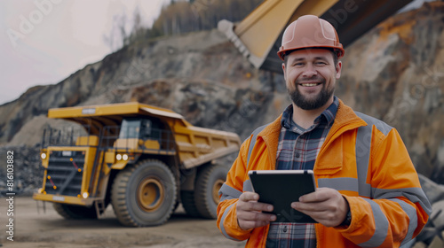 Construction worker smiles as he holds tablet next to dump truck wheel. Generative AI