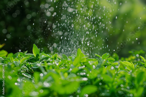 A sprinkler moistening the green field of terrestrial plants with water. Generative AI
