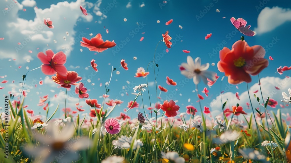 a beautiful field of flowers with flying petals, hyper realistic 