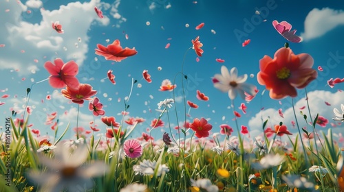a beautiful field of flowers with flying petals, hyper realistic  © Business Pics