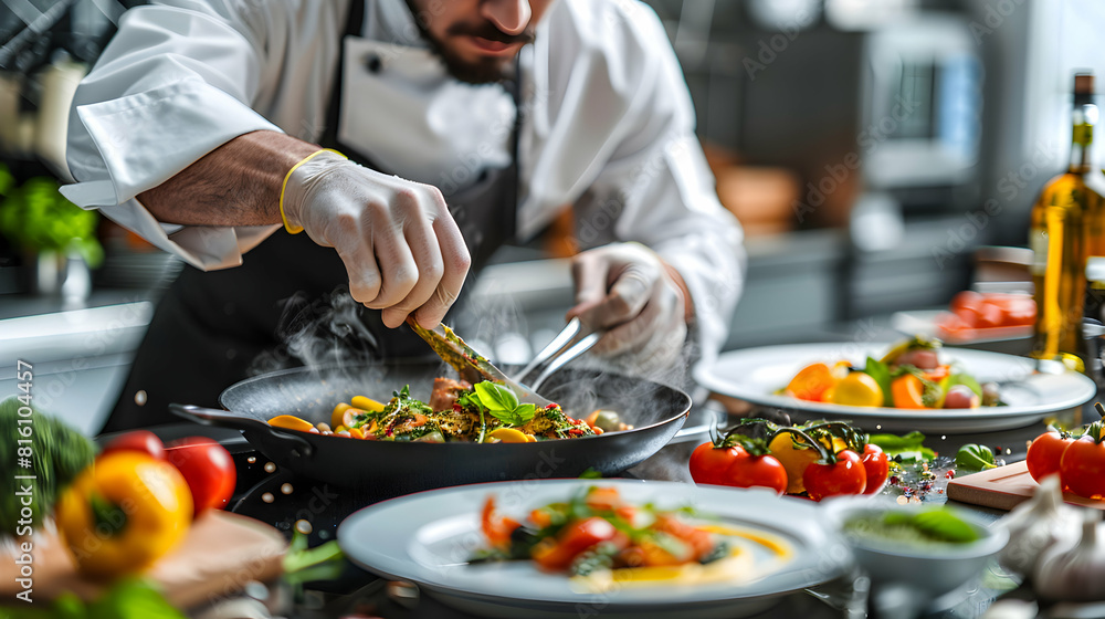 Photo realistic of Chef preparing gourmet dishes in a restaurant kitchen emphasizing culinary skills, creativity, and quality for small business restaurant operations Photo realistic of Chef preparing gourmet dishes in a restaurant kitchen emphasizing culinary skills, creativity, and quality for small business restaurant operations