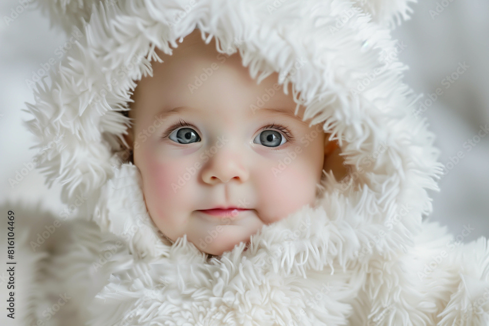 adorable baby dressed in a fluffy animal costume, looking at the camera with a sweet expression adorable baby dressed in a fluffy animal costume, looking at the camera with a sweet expression