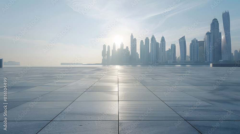 Empty square floor and modern city buildings with skyline by the sea : Generative AI Empty square floor and modern city buildings with skyline by the sea : Generative AI