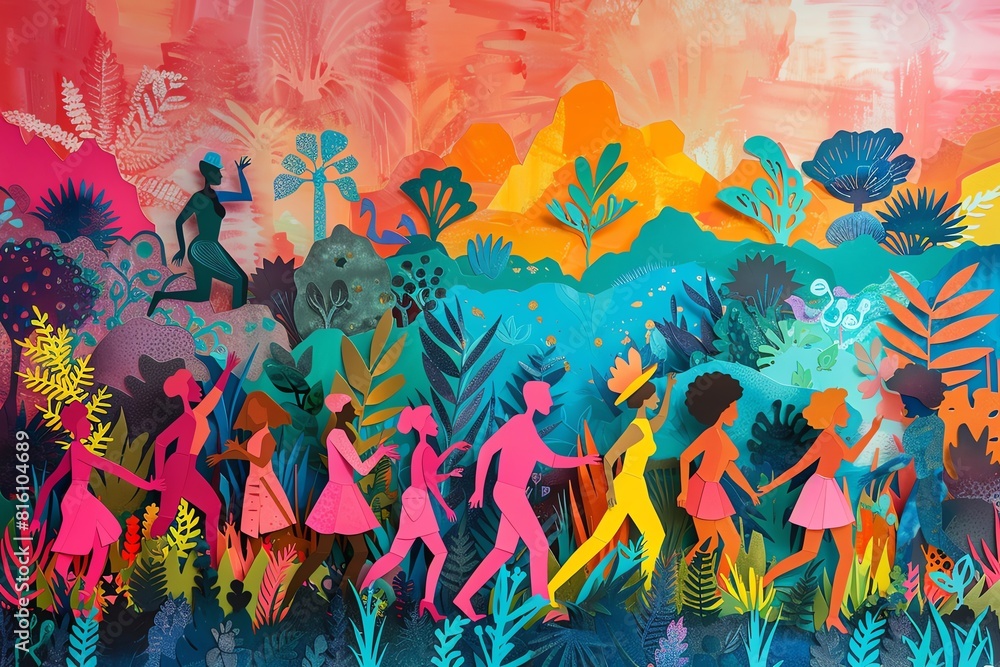 Vibrant paper cut out, large diverse group, lively scene Vibrant paper cut out, large diverse group, lively scene