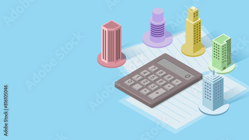 isometric illustration of calculator and buildings