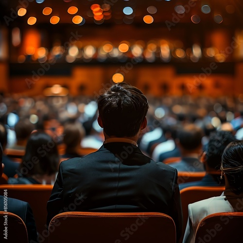 Rear view, audience in conference hall, speaker on stage, business event, daylight, wide shot