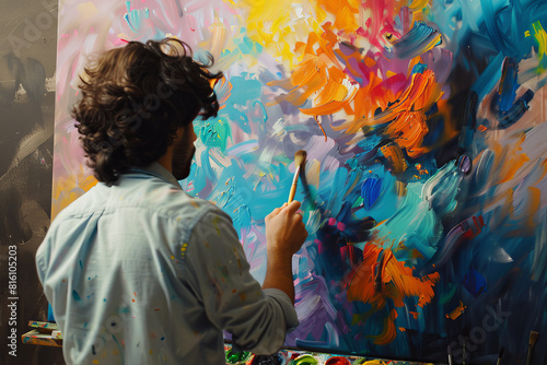 A man is painting a colorful abstract painting with a brush photo
