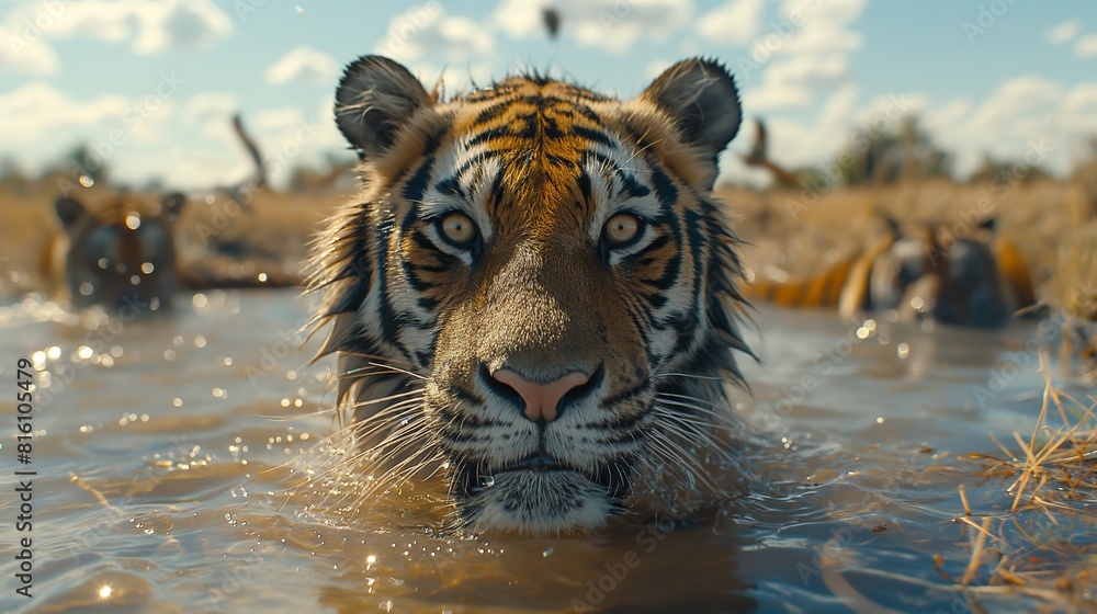 Nature documentary, tiger at a watering hole, African savanna, , soft diffused daylight, birds in the sky created by ai Nature documentary, tiger at a watering hole, African savanna, , soft diffused daylight, birds in the sky created by ai