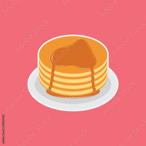 Pancakes on plate with caramel and maple syrup sweet vector illustration. Tasty holiday cake food isolated on white.