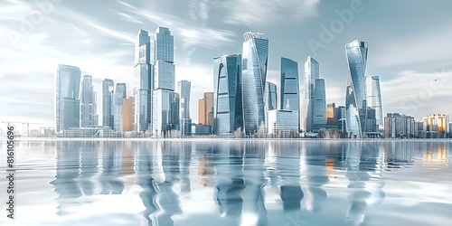 Modern urban landscape featuring glass skyscrapers set against a backdrop of blue sky and water. Concept Urban Architecture  Skyscrapers  Blue Sky  Modern Cityscape  Reflections