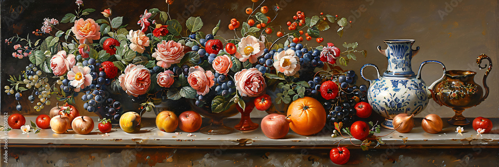 Kitchen still life, a classic still life with arrangements of fruit, vegetables, flowers and kitchen items such as pots, pans and utensils Kitchen still life, a classic still life with arrangements of fruit, vegetables, flowers and kitchen items such as pots, pans and utensils