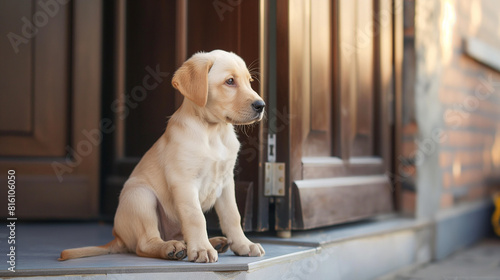 Cachorro sentado pacientemente na porta da frente, aguardando ansiosamente um passeio com seu dono photo