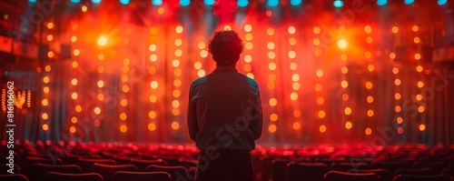 Man standing alone in an auditorium