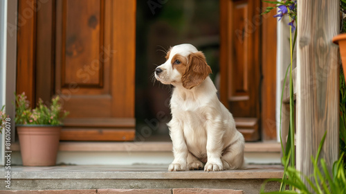 Cachorro sentado pacientemente na porta da frente, aguardando ansiosamente um passeio com seu dono photo