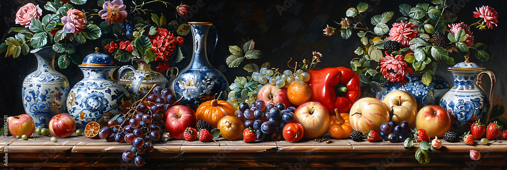 Kitchen still life, a classic still life with arrangements of fruit, vegetables, flowers and kitchen items such as pots, pans and utensils Kitchen still life, a classic still life with arrangements of fruit, vegetables, flowers and kitchen items such as pots, pans and utensils