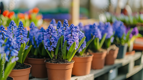 Muitos jacintos floridos de violeta azul em vasos são exibidos nas prateleiras de lojas florísticas ou no mercado de rua. Início da primavera, paisagismo photo