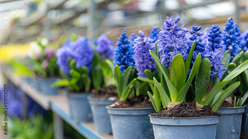 Muitos jacintos floridos de violeta azul em vasos são exibidos nas prateleiras de lojas florísticas ou no mercado de rua. Início da primavera, paisagismo photo