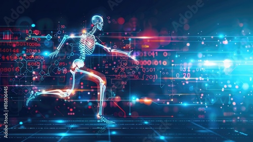 Abstract digital background with a running human skeleton and technology data, vector illustration