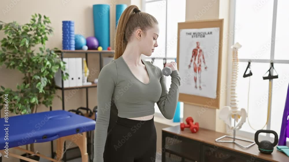 A young woman exercises with a dumbbell in a physical therapy clinic, showcasing health and fitness. A young woman exercises with a dumbbell in a physical therapy clinic, showcasing health and fitness.