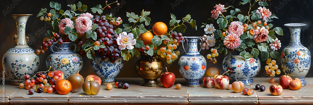 Kitchen still life, a classic still life with arrangements of fruit, vegetables, flowers and kitchen items such as pots, pans and utensils Kitchen still life, a classic still life with arrangements of fruit, vegetables, flowers and kitchen items such as pots, pans and utensils