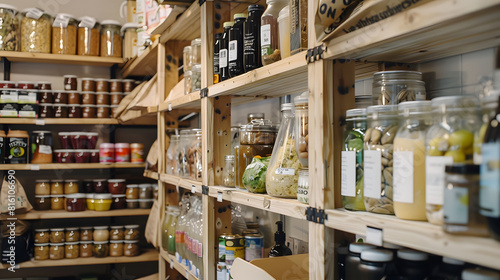 Wallpaper Mural Zero waste shop interior Wooden shelves with different food goods and personal hygiene or cosmetics products in plastic free grocery store Ecofriendly shopping at local small businesse : Generative AI Torontodigital.ca