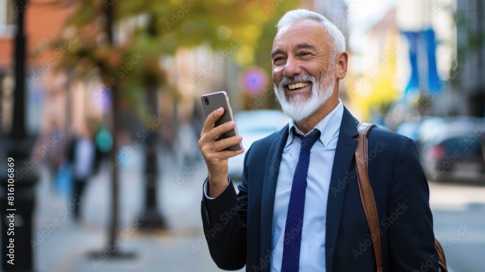 a senior man with wavy gray hair, engrossed in using his smartphone. Generative AI a senior man with wavy gray hair, engrossed in using his smartphone. Generative AI