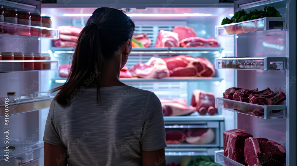 A woman is looking into a refrigerator full of meat A woman is looking into a refrigerator full of meat