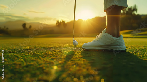 Golfer putting ball on green of course Beautiful view in sunset Player wearing white shoes and smooth green grass theres a beautiful fairway and layout See boundaries of the green and  : Generative AI photo