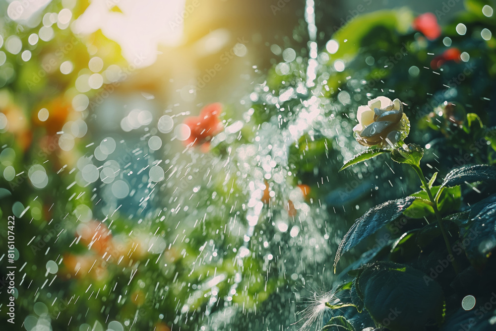 Individual watering plants in garden using hose near window in natural landscape. Generative AI Individual watering plants in garden using hose near window in natural landscape. Generative AI