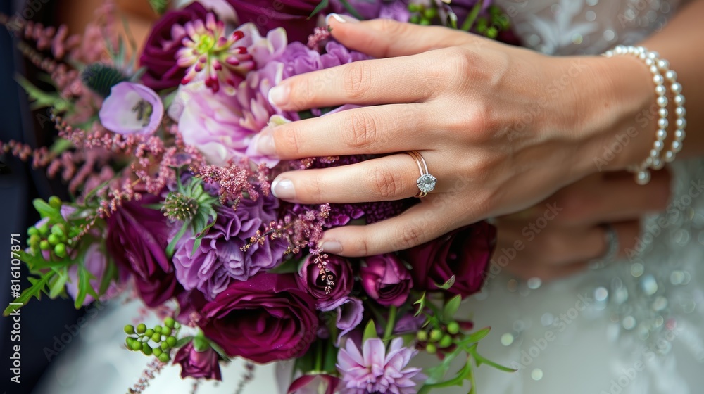 Fototapeta premium Hands of the bride and groom with wedding rings next to a stunning purple flower bouquet