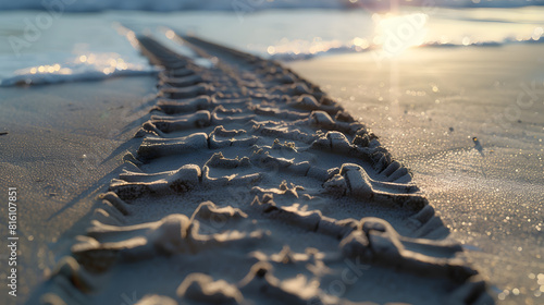 Sand  tire print on the beach Tracks on beach : Generative AI photo