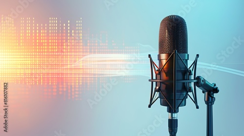 Microphone with waveform on white background, broadcasting or podcasting banner