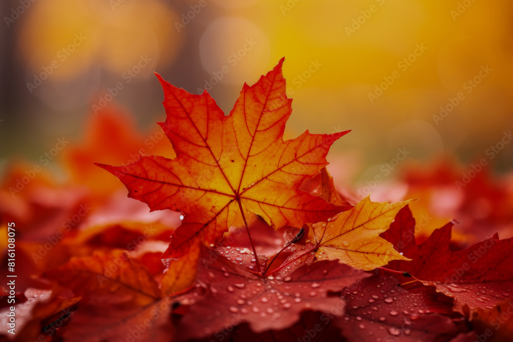 Vibrant Autumn Leaves on Ground with Dew Drops Capturing Fall's Warm Colors and Natural Beauty Vibrant Autumn Leaves on Ground with Dew Drops Capturing Fall's Warm Colors and Natural Beauty