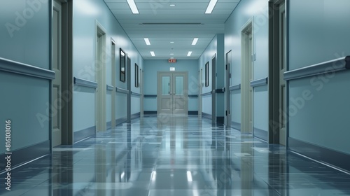 An empty hospital hallway conveys a clean and quiet healthcare environment, representing modern medical facilities in AI generative imagery. hyper realistic 