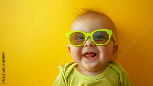 baby with an expression of pure joy, wearing gigantic, neon green sunglasses