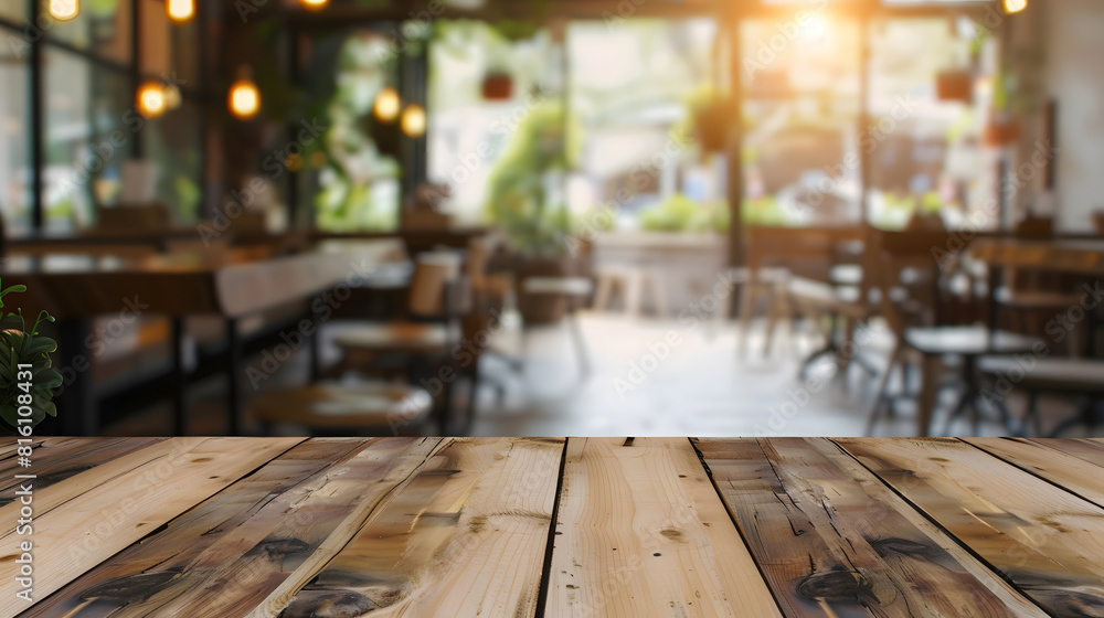 Selected focus empty brown wooden table and coffee shop cafe or restaurant blur background image for your photomontage or product display : Generative AI