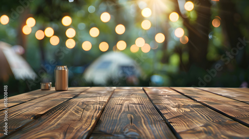 Wooden table top on blur tent camping travel tent at nightDrink and party conceptFor montage product display or design key visual layoutView of copy space   Generative AI