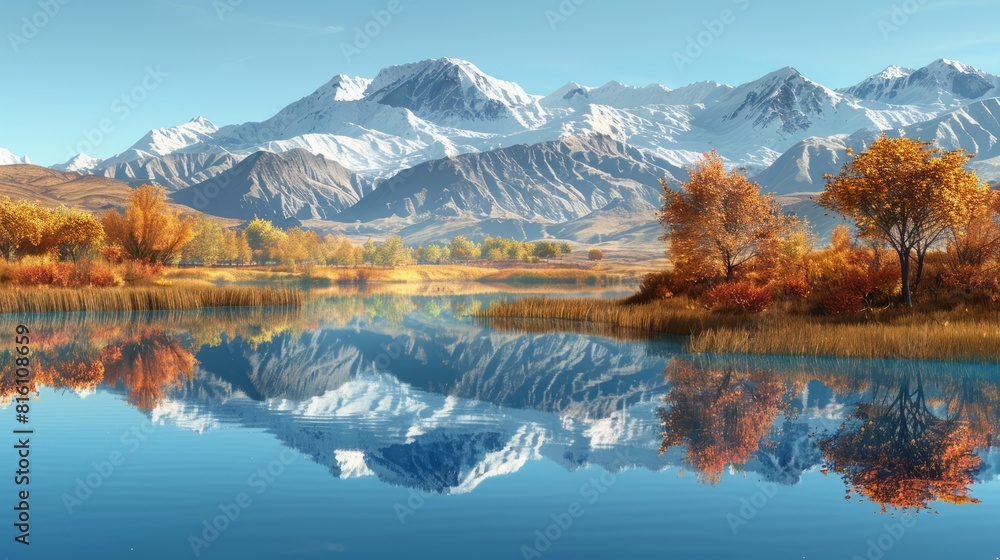 autumn landscape with mountains in the background reflecting in a peaceful lake - generative AI hyper realistic 