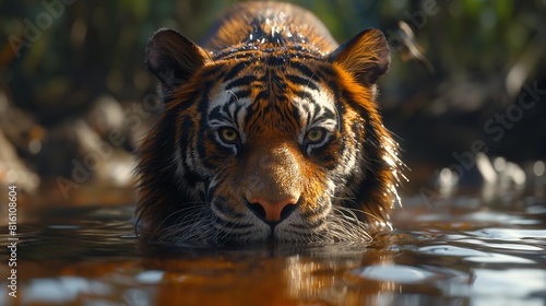 Nature documentary  tiger at a watering hole  African savanna    soft diffused daylight  birds in the sky created by ai