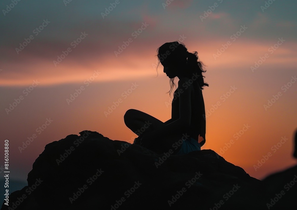 Silhouette of a woman sitting on a rock at sunset, holding her knees and looking away, feeling alone during depression Generative AI Silhouette of a woman sitting on a rock at sunset, holding her knees and looking away, feeling alone during depression Generative AI