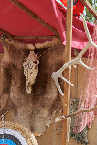 Skull of a buffalo's head and horns at a medieval flea market