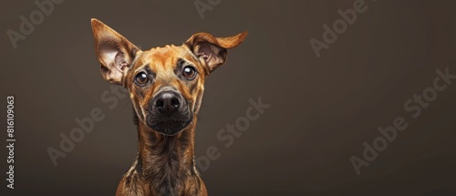 Curious Dog Closeup, Portrait of Brown Dog with Head Tilt, Brown Background