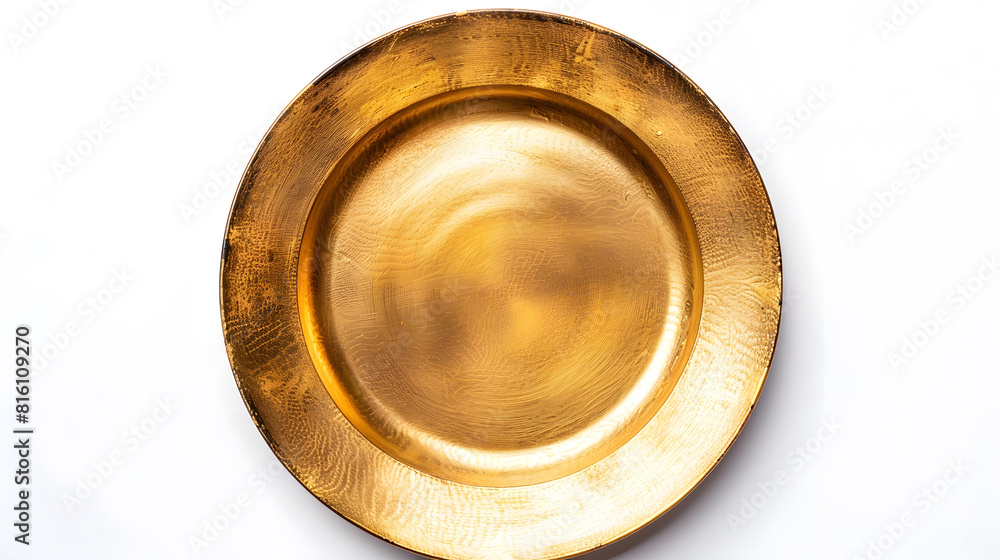 Top view of golden plate isolated on white background : Generative AI Top view of golden plate isolated on white background : Generative AI