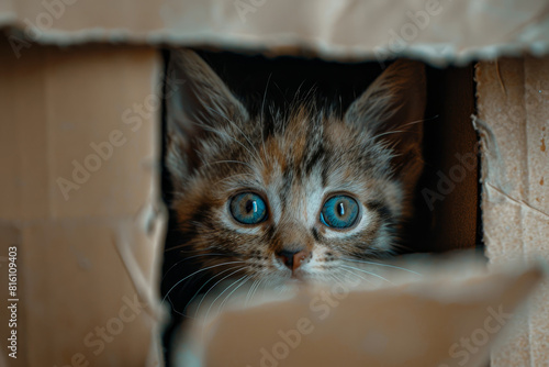 A kitten is peeking out from a cardboard box